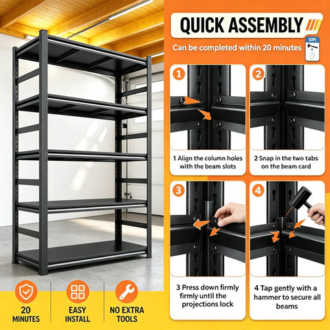 Heavy Duty Adjustable Five Tier Metal Garage Shelving Unit With Anti Slip Feet Anti Fall Rails Wall Anchor Hardware And Built Tough Garage Ready Storage On Uneven Floors, black steel shelf