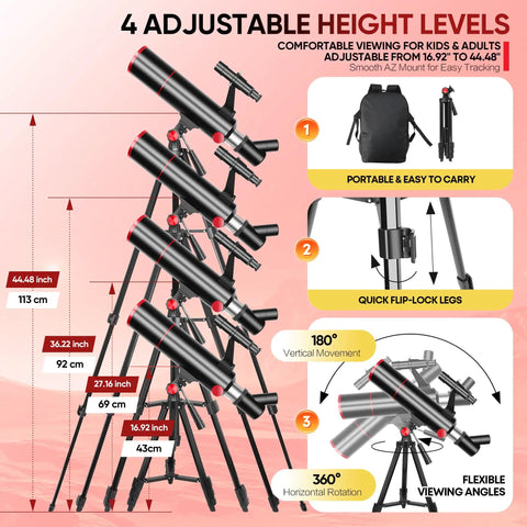 Infographic showing adjustable height levels of Beginner Friendly Telescope for Kids and Families With 80mm Aperture and 500mm Focal Length