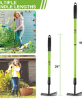 Versatile Telescoping Dual Head Garden Weeder And Cultivator with Adjustable Handle, showing 26 and 40 inch lengths in use