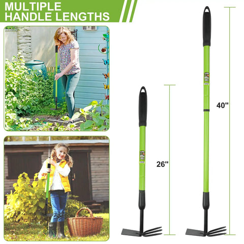 Versatile Telescoping Dual Head Garden Weeder And Cultivator with Adjustable Handle, showing 26 and 40 inch lengths in use