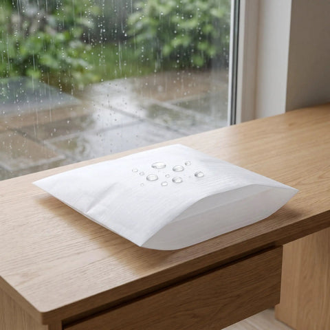100 Piece Foam Pouches For Fragile Dishes And Glassware, Double Sided Cushioning Sleeves Protect Cups Mugs And Bowls During Moving, Shipping Or Storage, 11.8 Inch Square Foam Wraps For Breakable Tableware. White EPE foam pouch on wooden table near window.