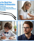 Composite image of three people using glasses and spare eyeglass temples, illustrating versatility of All In One Eyeglass Repair Kit With Screws And Screwdrivers For Frames And Arms Universal Replacement Temples Hinges And Nose Pads Quick Fix Set With Multi Bit Driver And Spare Parts.
