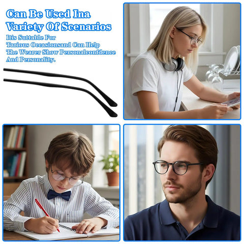 Composite image of three people using glasses and spare eyeglass temples, illustrating versatility of All In One Eyeglass Repair Kit With Screws And Screwdrivers For Frames And Arms Universal Replacement Temples Hinges And Nose Pads Quick Fix Set With Multi Bit Driver And Spare Parts.