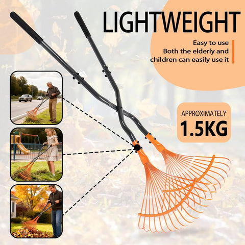 Leaf Grabber Rake With Long 36 Inch Handle For Easy Lawn Cleanup Heavy Duty Garden Tool With Flexible Tines That Open Wide To Scoop Debris And Close Tight Black And Orange Finish Back Saving Design