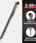Milton S-928 tire pressure gauge, pencil-style chrome metal with built-in deflator valve, side view
