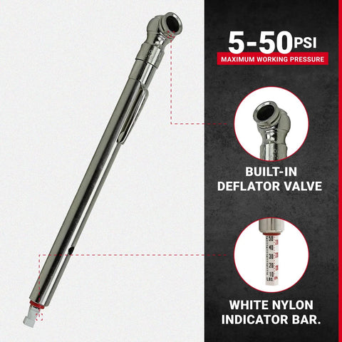 Milton S-928 tire pressure gauge, pencil-style chrome metal with built-in deflator valve, side view