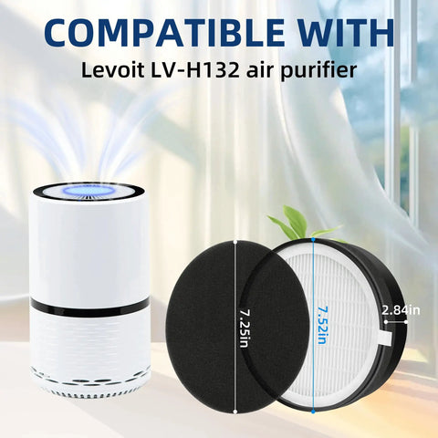 Replacement Filter For Levoit H132 Air Purifier, 3-In-1 LV-H132-RF, 2 Pack with air purifier and filter dimensions displayed