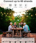 Outdoor LED String Lights 25 Ft Waterproof IP65 For Patio Cafe Bistro Backyard Balcony Warm White Shatterproof Bulbs Hanging Lights Weatherproof ETL Certified Perfect For Outdoor Parties And Lounges With Rustic Warm White Glow That Sets The Vibe over a family dining at a wooden table outdoors.