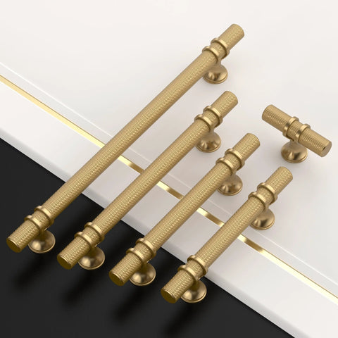 Champagne Bronze Cabinet Knobs 2 Inch T Bar Knurled Pulls 10 Pack Single Hole Drawer Cupboard Kitchen Cabinet Hardware shown.
