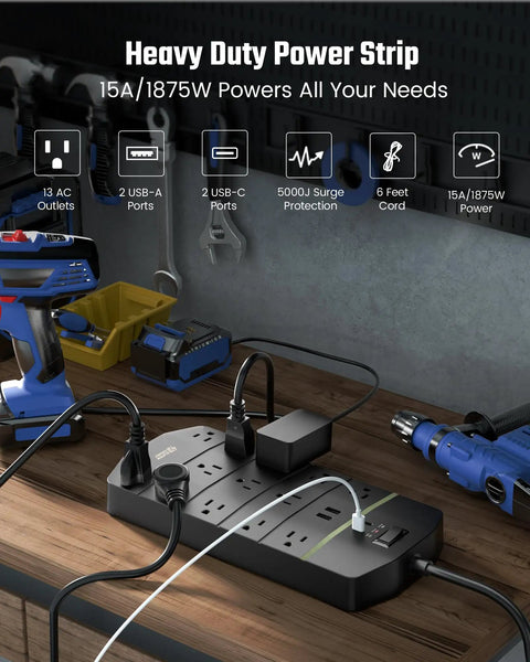 Beefed Up Heavy Duty Power Strip With 13 Widely Spaced Outlets, 2 USB A And 2 USB C PD 20W Fast Charge, workbench setup