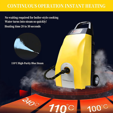 High Power 3000w Steam Cleaner With Continuous Vapor And Triple Safety System For Deep Cleaning showing instant heating and blue steam.