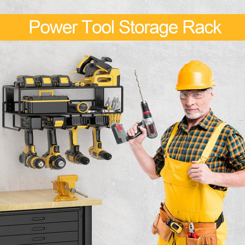 Man holding drill near Power Tool Organizer Wall Mount Rack For Garage And Workshop with tools and accessories.