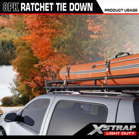 Tough As Nails Camo Ratchet Tie Down Straps Eight Pack One Inch By Ten Feet Three Hundred Pound Working Load Limit Nine Hundred Pound Break Strength securing a kayak on a truck bed roof rack.