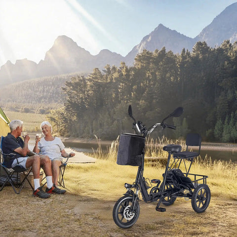 Three Wheel Electric Trike For Adults With 500W Peak Brushless Motor Foldable Ebike 480Wh Removable Battery Easy Step Through Frame Two Seats Up To 45 Miles Stable Senior Friendly Ride Gift For Parents, black steel frame with front basket and rear seat