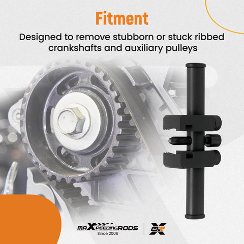 Universal Crankshaft Pulley Removal Tool And Harmonic Balancer Puller Set next to ribbed pulley in operation