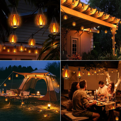 Solar Powered Flickering Flame String Lights For Outdoor Decor 50.7Ft Total Length 15 Warm White LED Bulbs Waterproof Garden