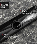 Close-up of 32 Inch Linear Shower Drain With Square Hole Pattern Cover Grate Removable SUS304 Stainless Steel Matte Black in action