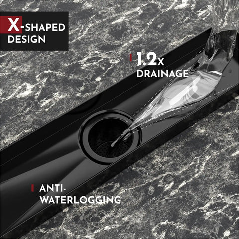 Close-up of 32 Inch Linear Shower Drain With Square Hole Pattern Cover Grate Removable SUS304 Stainless Steel Matte Black in action