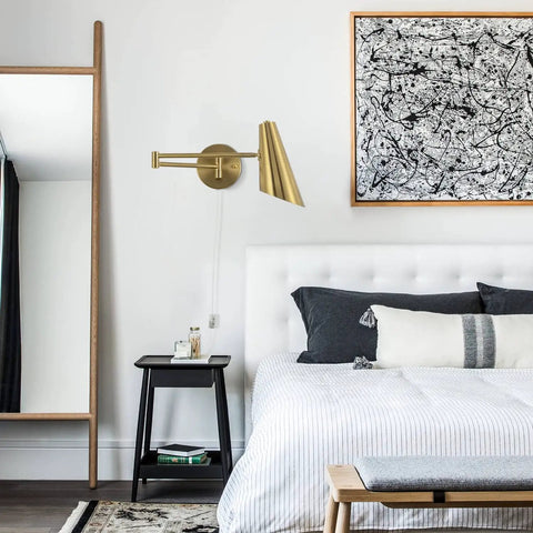 Plug In Wall Sconce Set Of 2 With Brass Swing Arm Lights For Bedroom And Living Room, Adjustable Swivel Wall Lamps above a bed.