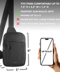 Black Sling Bag Crossbody Fanny Pack For Men And Women With Switchable Strap, RFID Blocking, Water Repellent, Hidden Pocket, shown next to phone size guide.
