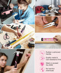Knockout 20V Cordless Pink Drill Set For Women Rock Solid Power Tool Kit With Rugged Carrying Bag Quick Charge Battery, person using various pink tools.