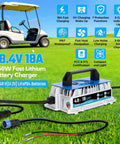 58.4V 18A 1250W LiFePO4 Battery Charger for golf cart and solar system, showing features and waterproof design