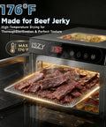 Top Shelf 800W Food Dehydrator Machine Featuring Ten Stainless Steel Trays For Even Airflow And Precise Temperature Settings To Whip Up Homemade Beef Jerky Dried Fruit And Herbs Quickly showing beef jerky at 176°F in a stainless steel tray.