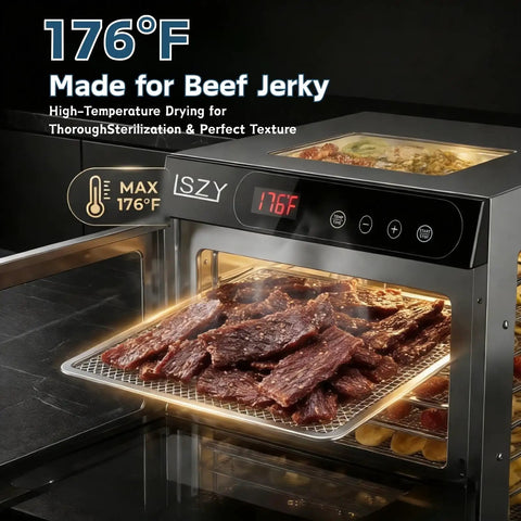 Top Shelf 800W Food Dehydrator Machine Featuring Ten Stainless Steel Trays For Even Airflow And Precise Temperature Settings To Whip Up Homemade Beef Jerky Dried Fruit And Herbs Quickly showing beef jerky at 176°F in a stainless steel tray.