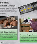 Product features highlighting soft close drawer slides with hydraulic damper design and safety for children in kitchen and home use.