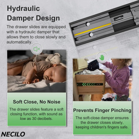 Product features highlighting soft close drawer slides with hydraulic damper design and safety for children in kitchen and home use.