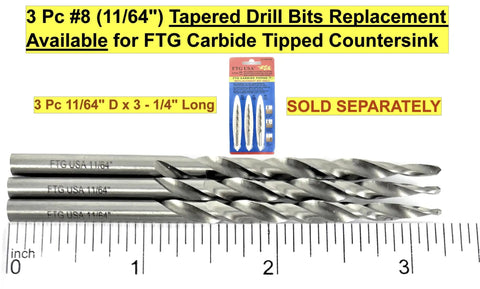 Eleven Sixty Fourth Inch Tungsten Carbide Tipped Countersink Drill Bit For Wood With Wide Flute shown with measurement scale