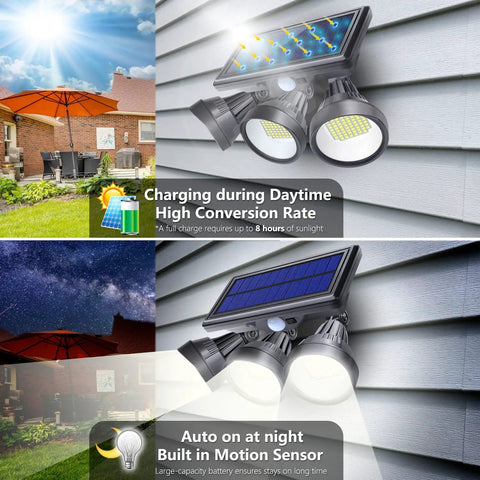 Solar Outdoor Motion Sensor Lights With 3 Adjustable Heads, 1000lm LED Flood Light, 7000K Daylight, IP65 on house wall