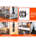 Image showcasing 12 Speed Benchtop Drill Press 750W Motor with adjustable table drilling iron, wood, and plastic.