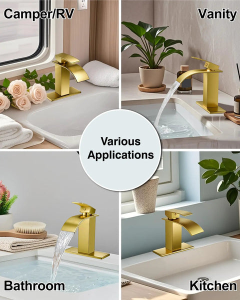 Waterfall Spout Single Handle Bathroom Faucet For 1 Hole Sink With Ultra Wide Water Flow Sleek Modern RV Lavatory Vanity Tap