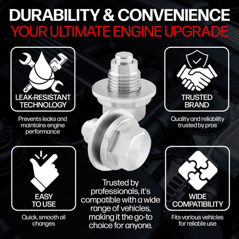 Magnetic Engine Oil Drain Plug M12 X 1.25MM Stainless Steel Fits Infiniti, Lexus, Nissan, Toyota With Aluminum Crush Washer, image showing plug features.