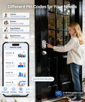 No Sweat App Paired Fingerprint Smart Front Lock With Heavy Duty Knob Set And Slick Satin Nickel Finish on door.