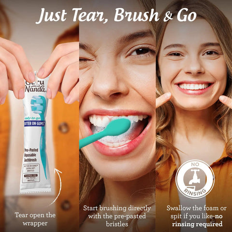 Mini Disposable Travel Toothbrush With Pre Pasted Toothpaste And Built In Toothpick in use by smiling woman, no rinse needed