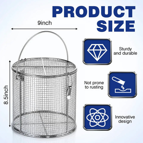 Built Tough 304 Stainless Steel Parts Washer Basket 8.5 By 9 Inch Shop Ready Industrial Mesh Tray showing dimensions and features.