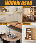 Image showing a kitchen cupboard, office bookshelf, folding table, and wardrobe, each indicating versatile use of concealed hinges in furniture.
