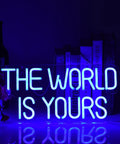 17 By 8 Inch LED Neon Blue The World Is Yours Dimmable Wall Sign With USB Power Adjustable Brightness Acrylic Backboard