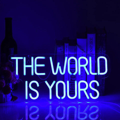 17 By 8 Inch LED Neon Blue The World Is Yours Dimmable Wall Sign With USB Power Adjustable Brightness Acrylic Backboard