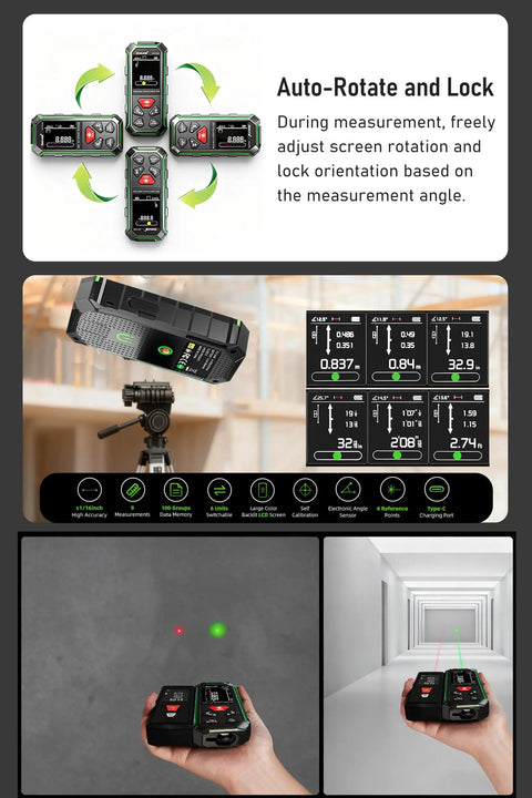 Pro Grade Dual Laser Measuring Tool ZC SG60 with Green Laser 393 Feet Bidirectional Range 196 Feet Unidirectional One Sixteenth Inch Accuracy Readings Time Saving Distance Meter for DIY Construction and Contract Jobs, shown in hand