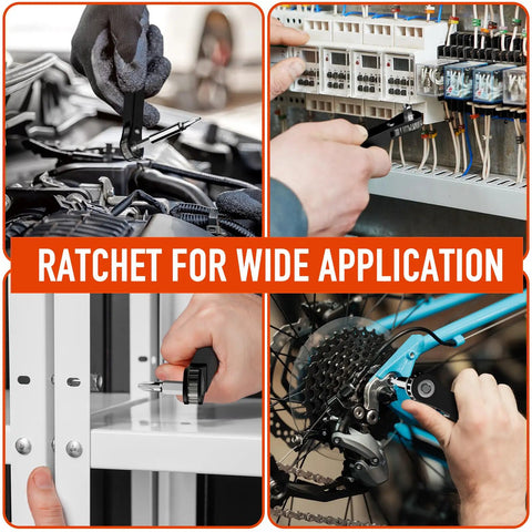22 In 1 Ratchet Screwdriver Set With 90 Degree Right Angle Bits shown used in automotive, wiring, furniture, bike repairs