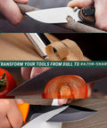 Legit 3 In 1 Stropping Compound Kit For Leather Strop And Knife Sharpening Featuring Red White Green Polishing Compounds To Nail Your Edge On Blades And Metal Buffing Model P03 used on various knives cutting through wood, paper, tomato, and a second knife.