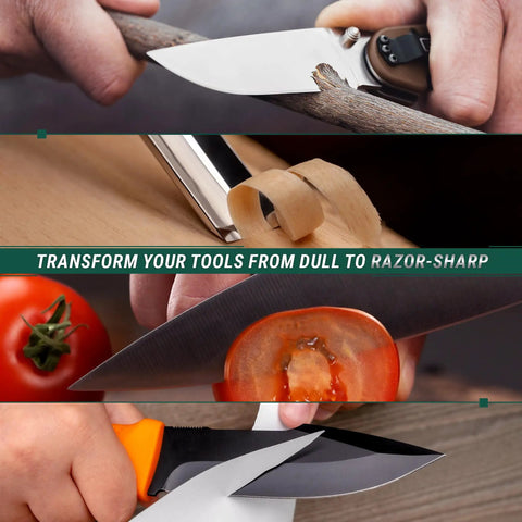 Legit 3 In 1 Stropping Compound Kit For Leather Strop And Knife Sharpening Featuring Red White Green Polishing Compounds To Nail Your Edge On Blades And Metal Buffing Model P03 used on various knives cutting through wood, paper, tomato, and a second knife.