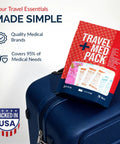 Travel Med Pack red box on a blue suitcase; TSA-friendly travel medicine kit with 78 tablets, packed in USA.