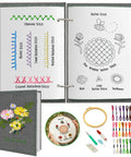 Beginner Embroidery Stitch Book With Detachable Fabric Panels, Complete Tool Kit, DIY Needlepoint Tutorials, 6x8 Inch Removable Practice Patterns, Best Gift For Craft Lovers Moms Women - showing open book, tools, threads, and practice patterns