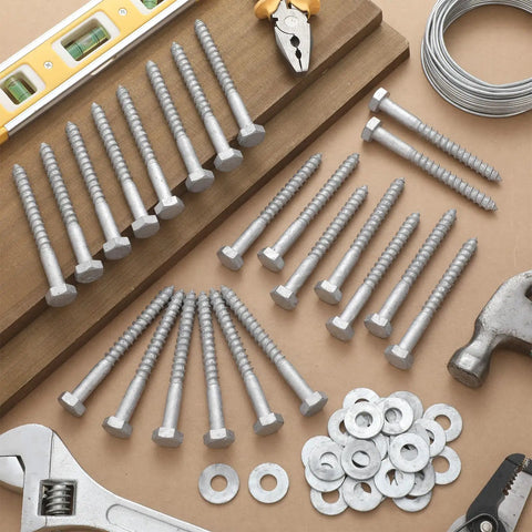 60 Pack Three Eighth Inch By Four Inch Lag Screws With Washers Hot Dip Galvanized Heavy Duty Wood Decks And Fences Kit For Outdoor Projects With Guide Holes For Easy Installation, displayed with tools and wood pieces