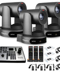 Dope Slick Trio Of Gray 4K PTZ Cameras Featuring 30x Optical Zoom SDI HDMI USB IP Ports Smart Auto Tracking And Nifty Joystick Controller on a desk with controllers and cables.