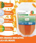 Two Pounds of Heavy Duty Silica Gel Desiccant Balls With Serious Moisture Soaking Capacity For Electronics And 3D Filament in an orange pouch.